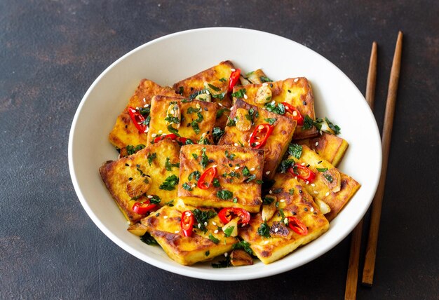 Foto tofu fritto con peperoncino, aglio ed erbe alimentari vegetariane dieta sana