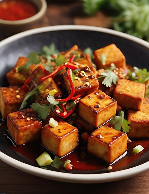 Фото Жареный тофу с супер острым соусом на черной тарелке