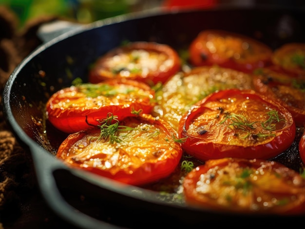 Fried Tomatoes in a frying pan closeup shot