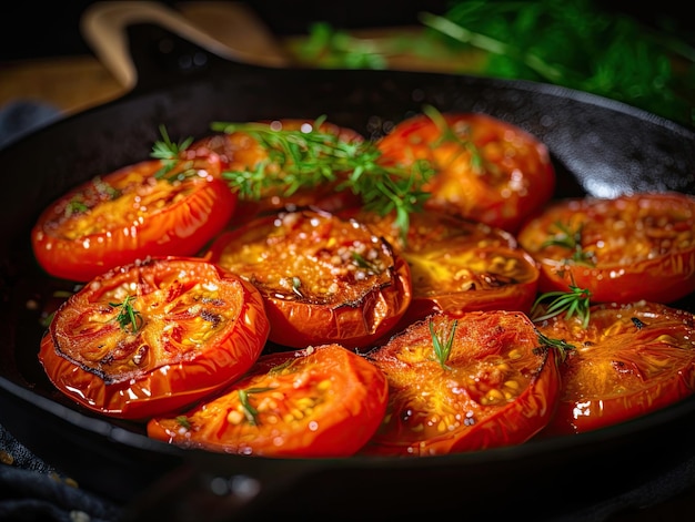 Fried Tomatoes in a frying pan closeup shot