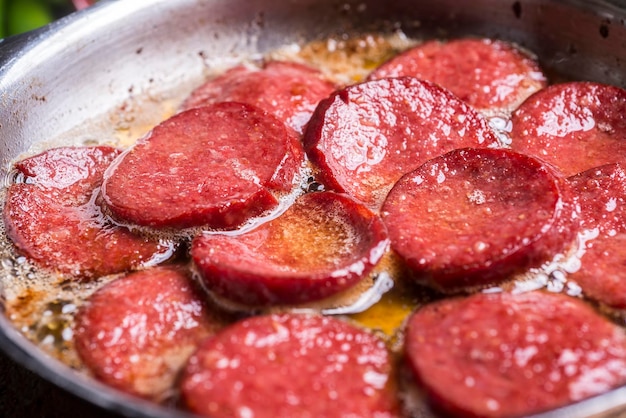 Fried Turkish Style Fermented Spicy Sausage called Sucuk in Turkey, it is for the fried spicy meat lovers