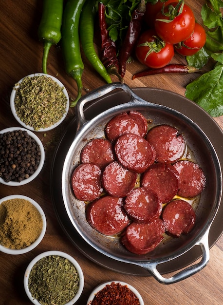 Fried Turkish Style Fermented Spicy Sausage called Sucuk in Turkey, it is for the fried spicy meat lovers