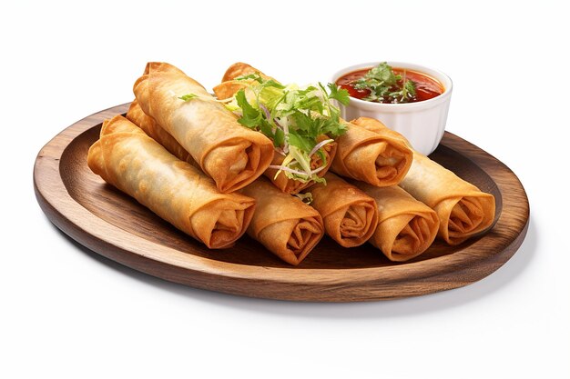 Fried vegetable spring rolls with sweet chili and sauce on wooden dish white background ai