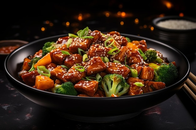 Fried vegetables and chicken in sauce with sesame