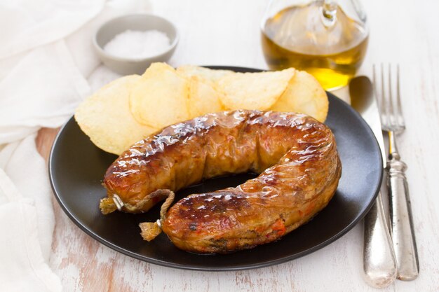 fried vegetarian smoked sausage with chips