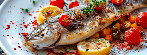 fried white fish on a plate Selective focus