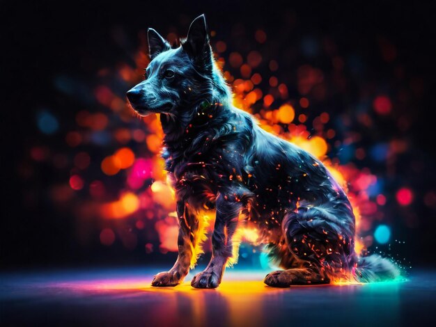 Foto amico carino piccolo spitz brunetto cane affascinante animale domestico che posa in studio sullo sfondo al neon