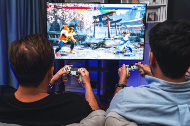 Photo 格闘技戦闘機のビデオ ゲームをプレイする友人のゲーマー