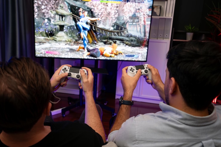 Photo 戦闘武術戦士のビデオゲームをプレイしている友人のゲーマー