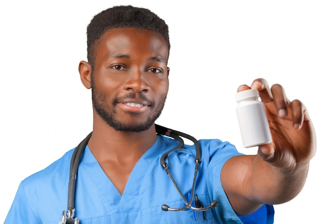 Friendly african american pharmacist holding pills