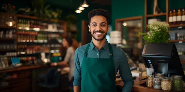 Friendly AfroAmerican Store Clerk in Gourmet Food Market