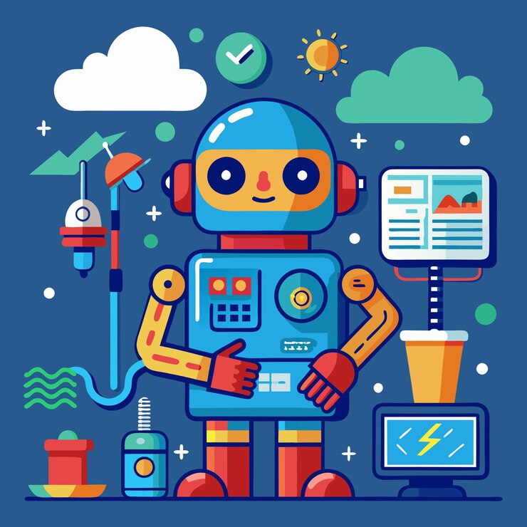 Photo friendly ai robot with a cheerful expression and technology gadgets