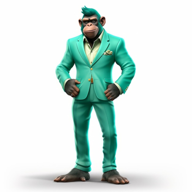 Photo friendly anthropomorphic chimp in green turquoise suit
