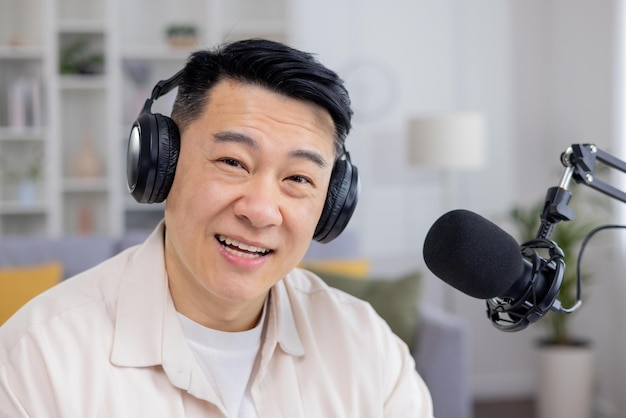사진 가정 환경에서 헤드폰을 착용한 친절한 아시아인 남자가 긍정적인 비디오 통화에 참여하고 있습니다.