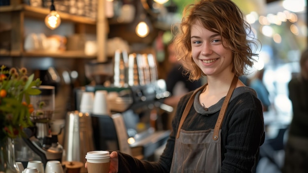 Friendly barista offering coffee with a warm smile