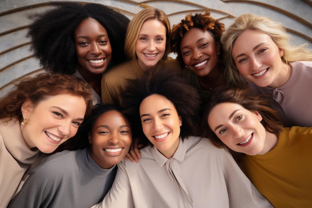 Photo friendly bonding moment in a circle of cute interracial women