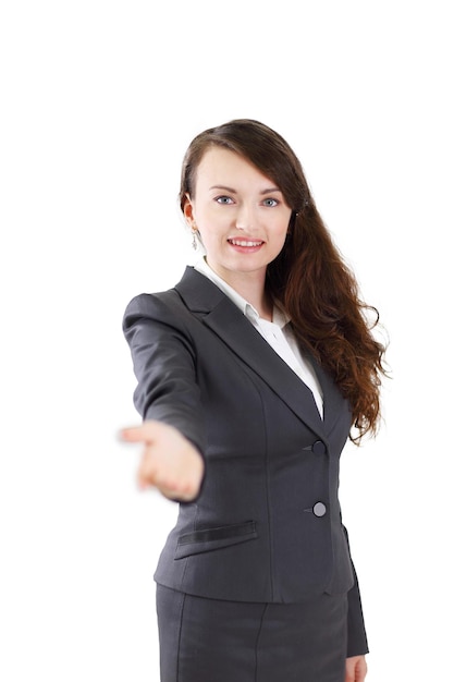 Friendly business woman stretching hand for handshake