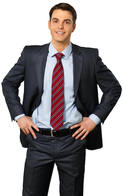 Friendly Businessman Standing with Hands on Hips - Isolated