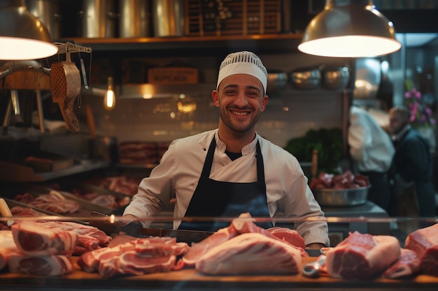 Дружелюбный мясник улыбается на мясном прилавке с помощью искусственного интеллекта
