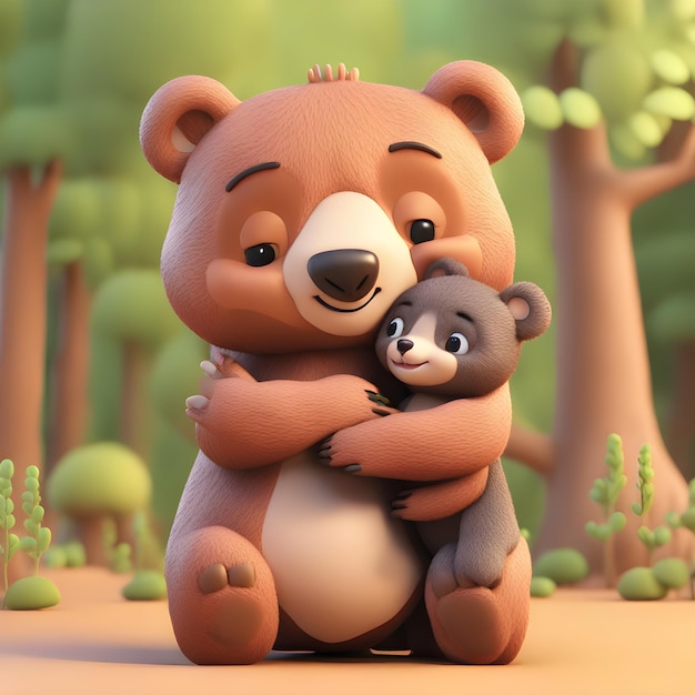 A friendly cartoon bear giving a big bear hug to a tiny forest creature