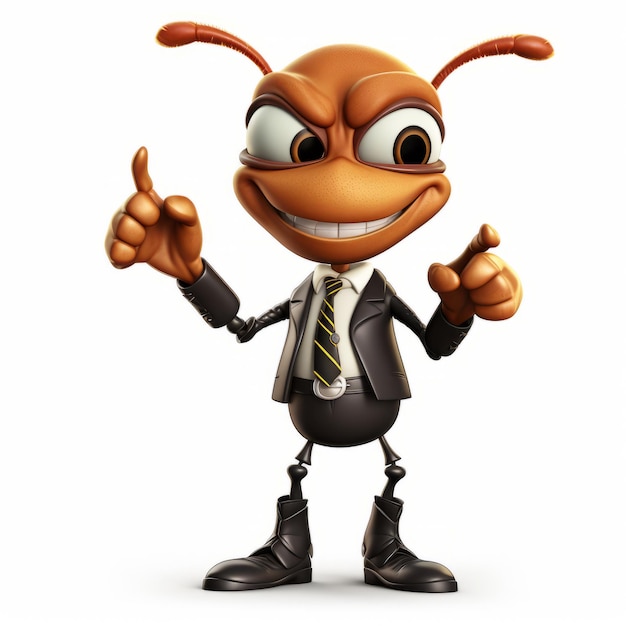 友好的なアニメの昆虫キャラクターがビジネススーツで指差しをしている