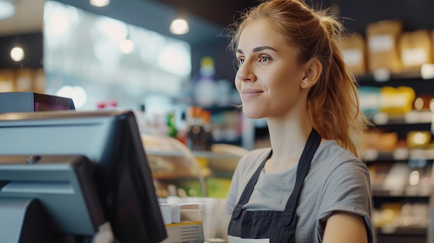 Photo a friendly cashier in a store scanning items with a smile