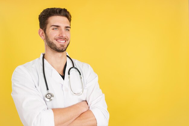 Friendly caucasian doctor in uniform and stethoscope