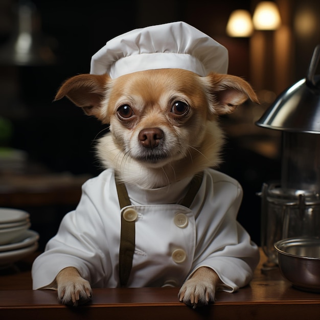 사진 친절한 치와와 개는 최고의 요리 미린 셰프처럼 보입니다.