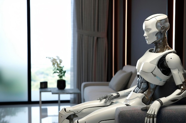 Photo friendly collaborative humanoid robot in smart living room home to perform cleaning ai generated