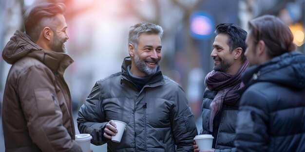 Friendly colleagues in jackets chatting outside with coffee cups business background Concept Business Meeting Casual Attire Coffee Break Outdoors Team Collaboration