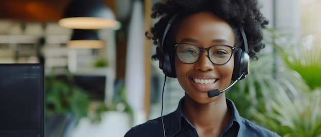 Friendly customer service representative with headset offers a warm welcome ready to assist