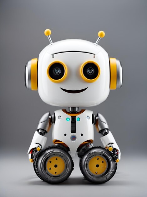 Friendly cute chat bot for web page white facescreen with smile wheels instead legs gray background