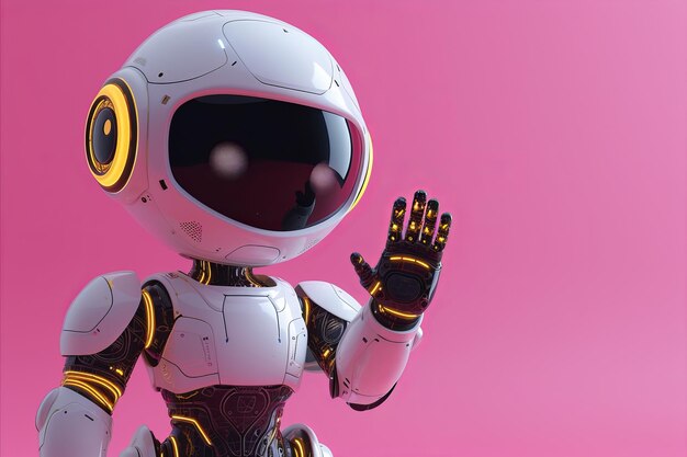 A friendly d robot character waving to the camera d rendering style illustration