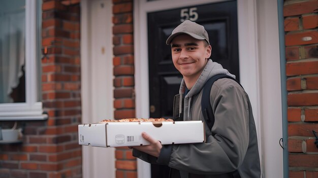 Friendly delivery man holding pizza boxes at doorstep casual work attire happy food delivery service AI