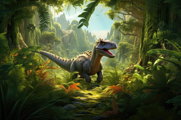 Photo friendly dinosaur world full of lush green vegetation