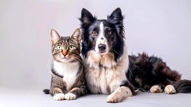 친절한 개와 고양이가 함께 앉아서 가 따뜻한 초상화를 위해 포즈를 취합니다. 동물의 동행과 사랑을 보여주는 애완동물 애호가들에게 완벽합니다.