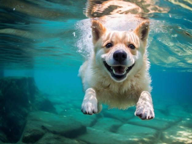 Photo friendly dog in a clear blue lake