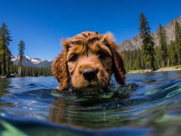 Friendly dog in a clear blue lake