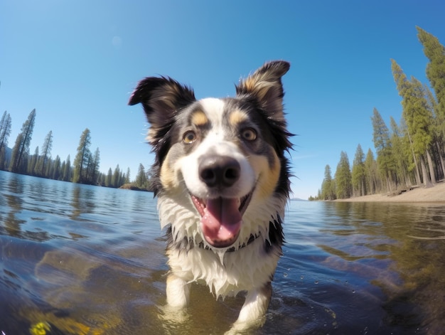 Friendly dog in a clear blue lake