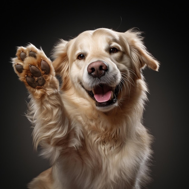 A friendly dog offering a paw for a handshake