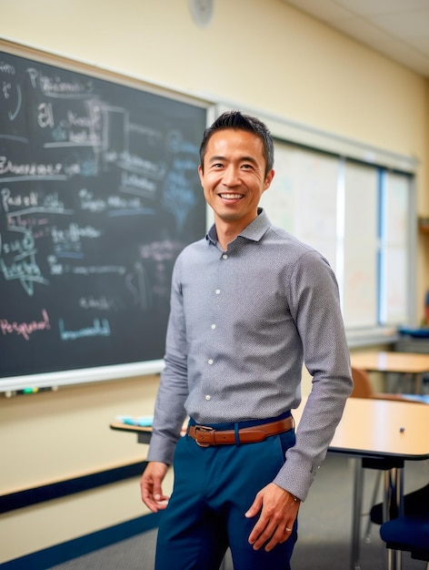 Friendly East Asian Teacher in Classroom with Chalkboard