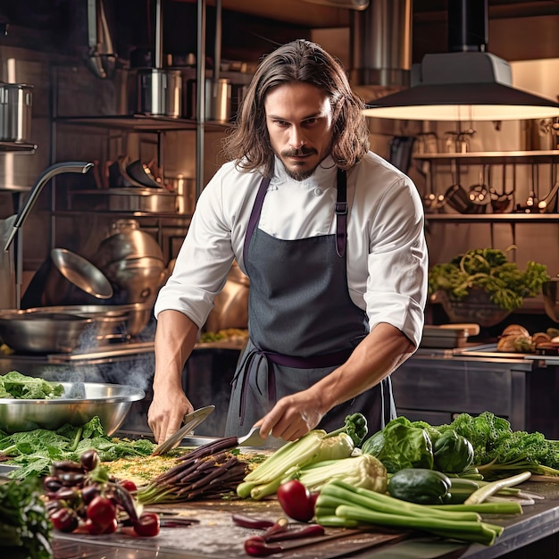 Photo friendly elderly man with long hair in the kitchen