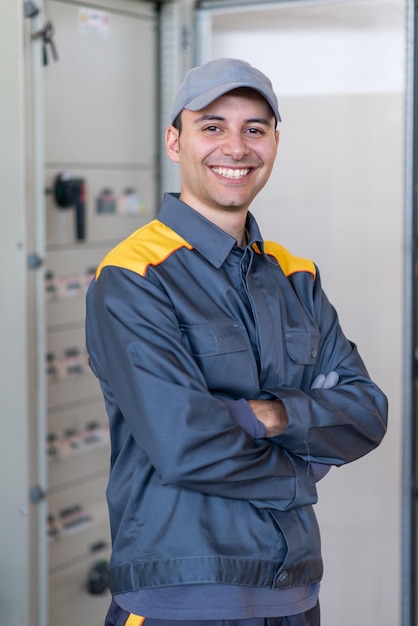 Photo friendly electrician writing a document