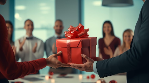 friendly employees make surprise by giving present to thier colleagues