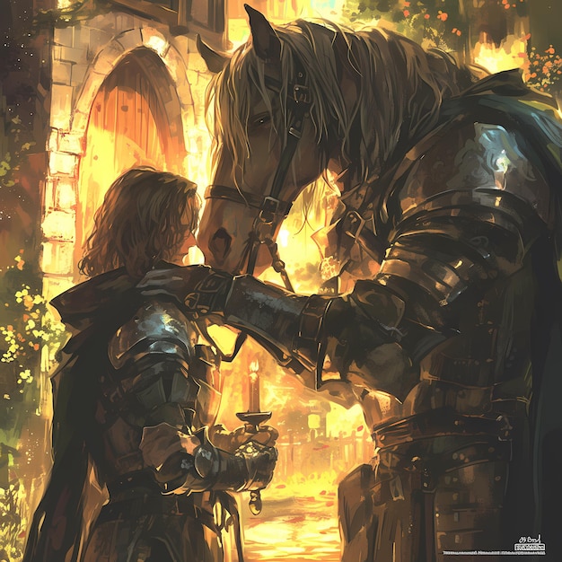 Friendly Encounter Knight and Horse in Medieval Setting