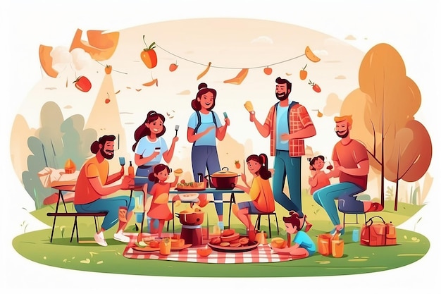 Friendly family on picnic illustration cheerful men women and children on bbq party illustration design