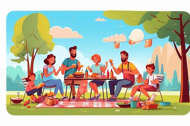 ピクニックのイラストで友好的な家族 陽気な男性 女性と子供 BBQパーティーのイラストデザイン