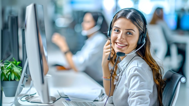 Photo friendly female call center agent at work wearing headset professional customer service representative office environment ai