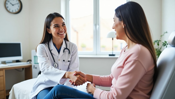 Photo friendly female doctor shaking hands with hispanic patient in modern medical office