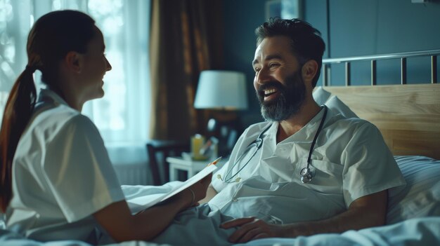 Foto una dottoressa amichevole visita un uomo in recupero a letto, compila una cartella medica e un'infermiera controlla i suoi segni vitali.